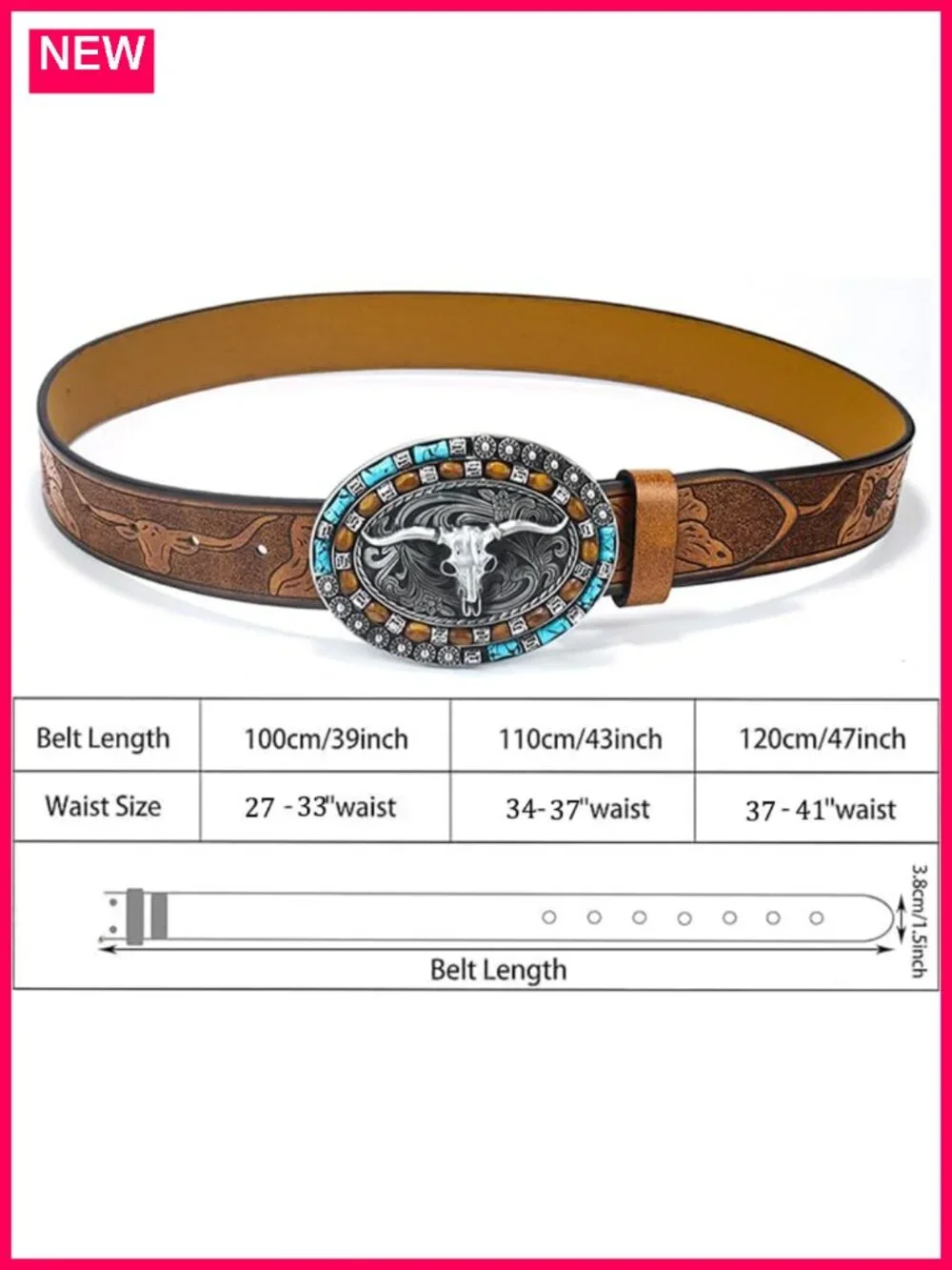 Western Cowgirl Leather Belt Turquoise Oval Buckle Embossed Faux Leather